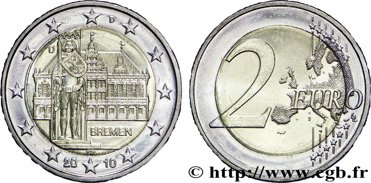 DEUTSCHLAND 2 Euro BRÊME - HÔTEL DE VILLE ET STATUE DE ROLAND tranche B - Munich D 2010