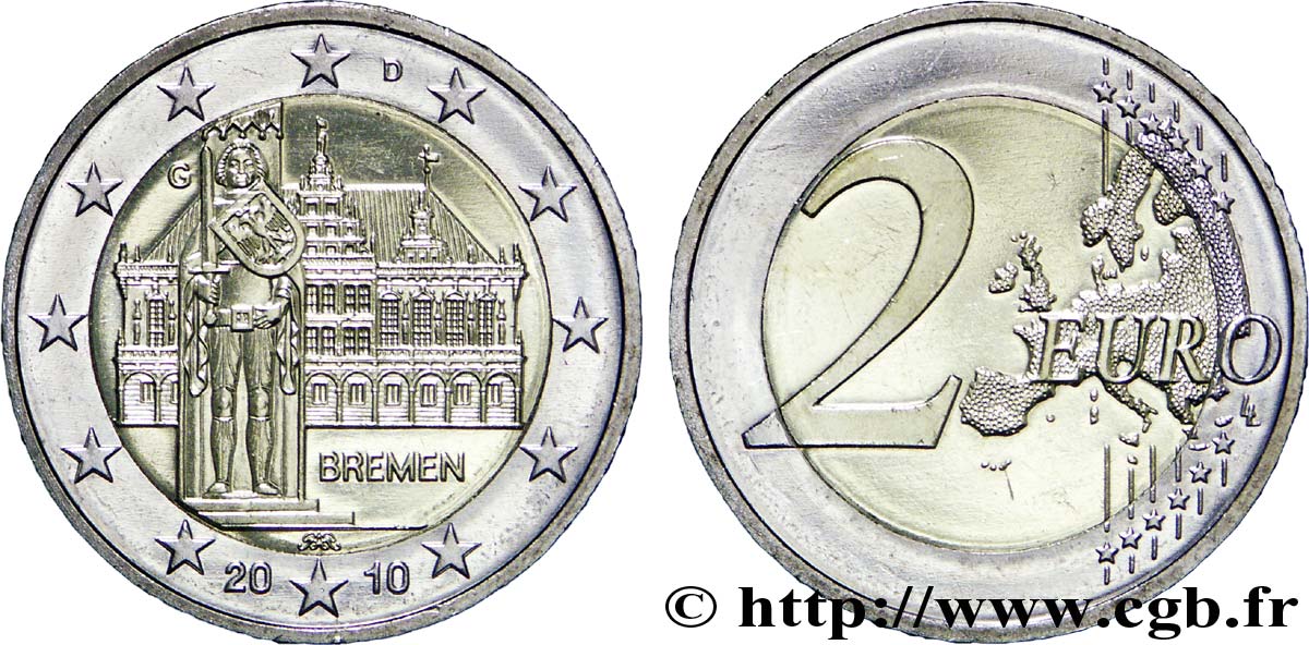 ALLEMAGNE 2 Euro BRÊME - HÔTEL DE VILLE ET STATUE DE ROLAND tranche B - Karlsruhe G 2010 SPL63