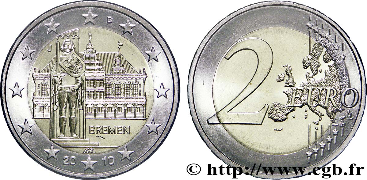 DEUTSCHLAND 2 Euro BRÊME - HÔTEL DE VILLE ET STATUE DE ROLAND Hambourg J 2010