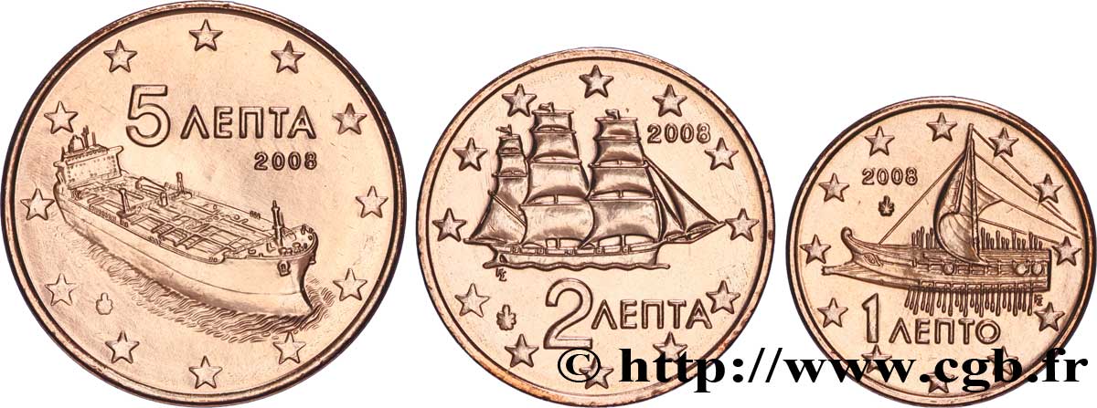 GRIECHENLAND LOT 1 Cent, 2 Cent, 5 Cent TRIRÈME, CORVETTE, PÉTROLIER 2008