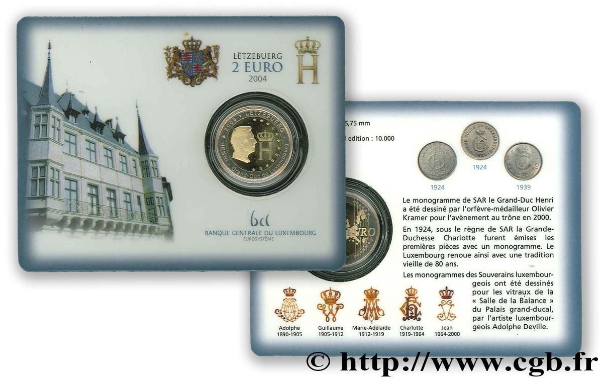 LUXEMBOURG Coin-Card 2 Euro MONOGRAMME DU GRAND-DUC HENRI 2004 BU