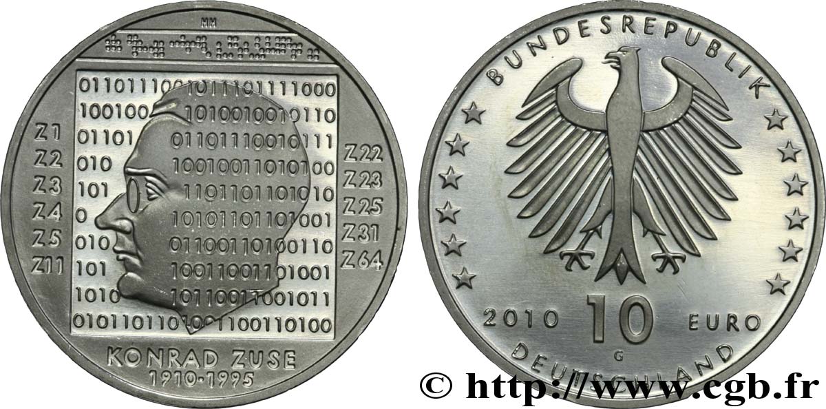 GERMANIA 10 Euro CENTENAIRE DE LA NAISSANCE DE KONRAD ZUSE (1910-1995) tranche A 2010 MS63