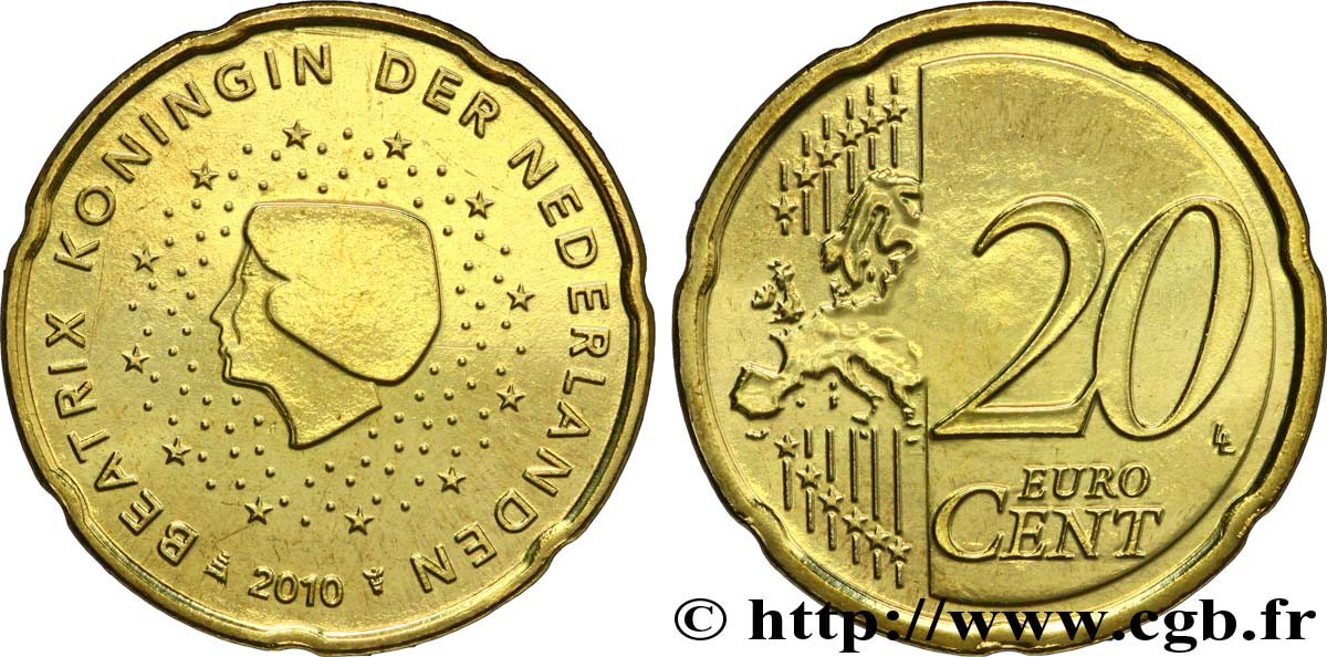 NETHERLANDS 20 Cent BEATRIX 2010 MS63