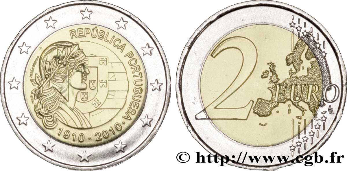 PORTUGAL 2 Euro CENTENAIRE DE LA RÉPUBLIQUE PORTUGAISE 2010 SPL