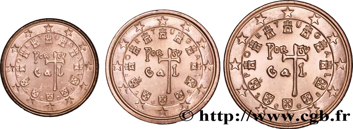PORTUGAL LOT 1 Cent, 2 Cent, 5 Cent SCEAU A LA CROIX (1134) 2008 MS63