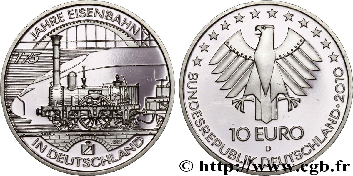 GERMANY 10 Euro 175 ANS DES CHEMINS DE FER ALLEMANDS tranche A 2010 MS63