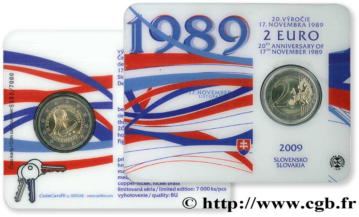 SLOVAKIA Coin-Card 2 Euro 20ème ANNIVERSAIRE DU 17 NOVEMBRE 1989  2009 Brilliant Uncirculated