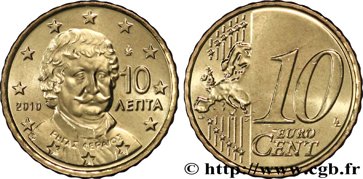 GREECE 10 Cent RIGAS VELESTINLIS-FERREOS 2010 MS63