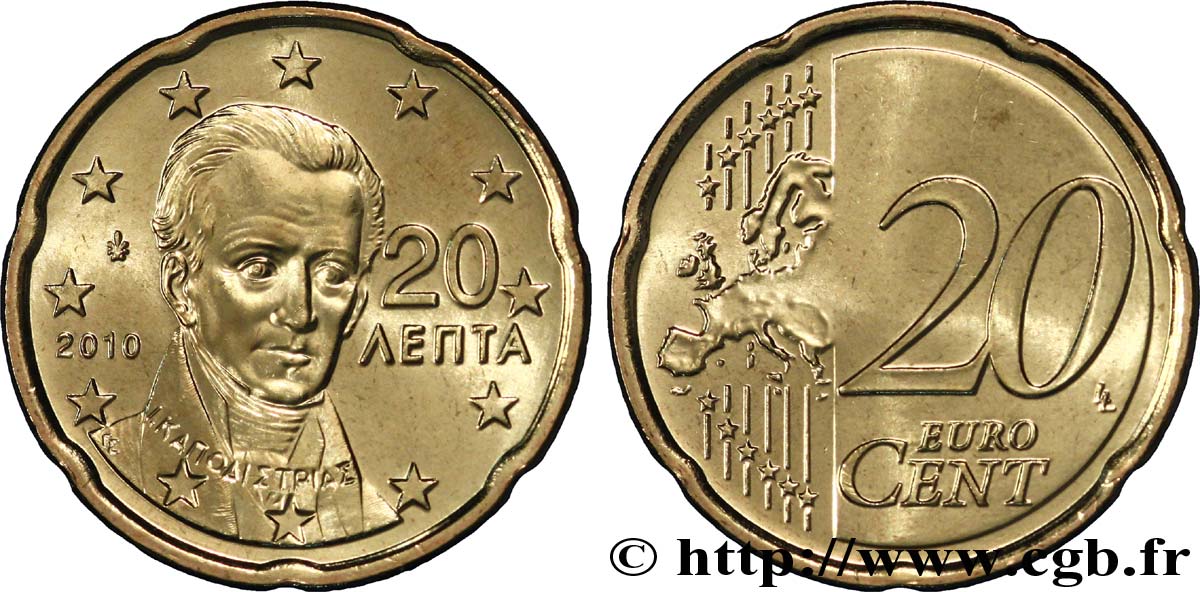 GREECE 20 Cent CAPODISTRIAS 2010 MS63