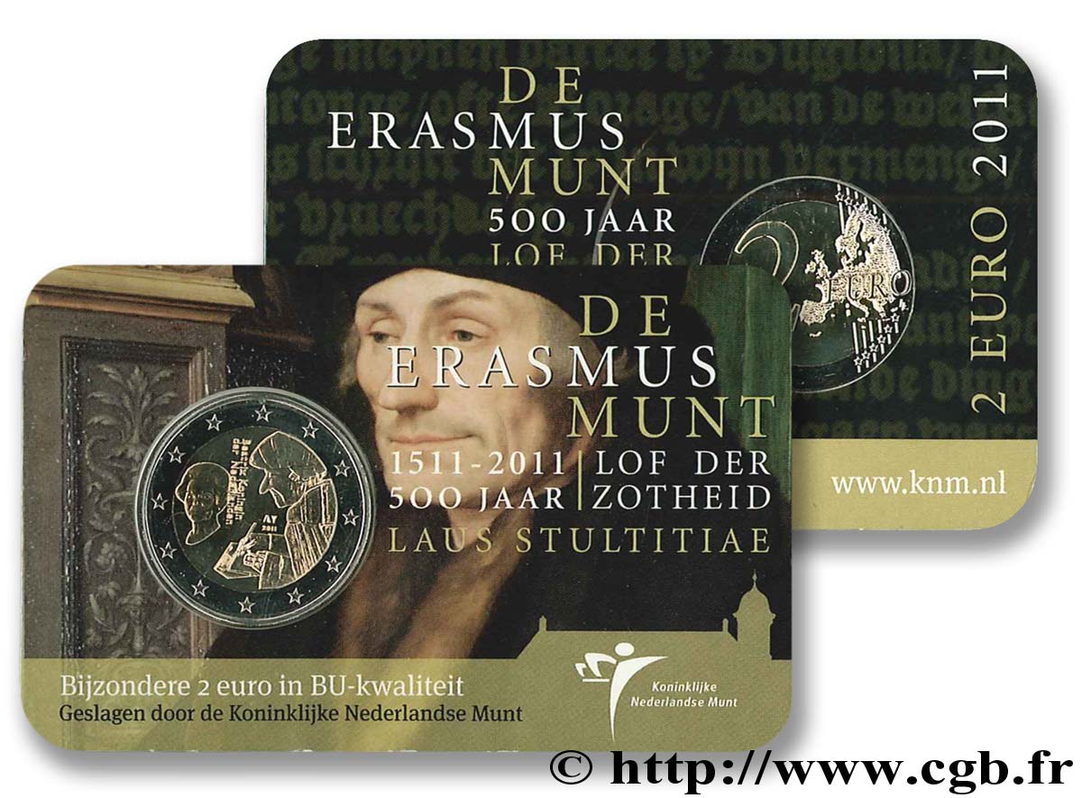NETHERLANDS Coin-Card 2 Euro ÉRASME 2011 Brilliant Uncirculated