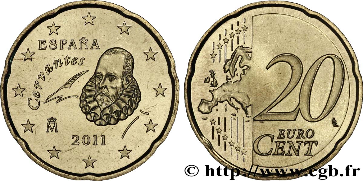 SPAIN 20 Cent CERVANTÈS 2011 MS63