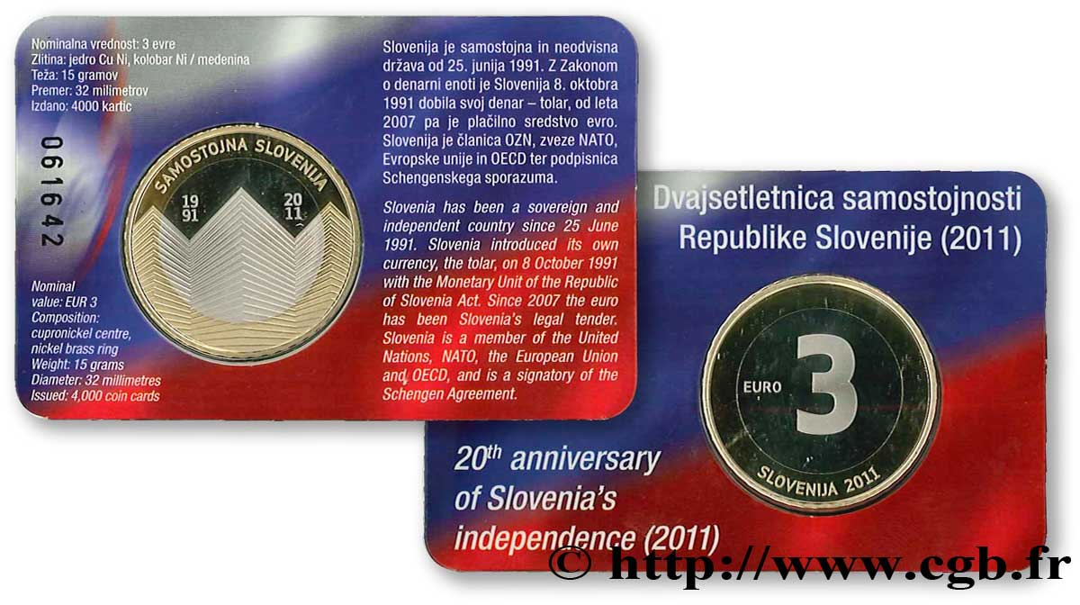 ESLOVENIA Coin-Card 3 Euro 20e ANNIVERSAIRE DE L’INDÉPENDANCE DE LA SLOVÉNIE 2011 Prueba