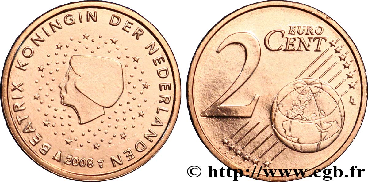 NETHERLANDS 2 Cent BEATRIX 2008 MS63
