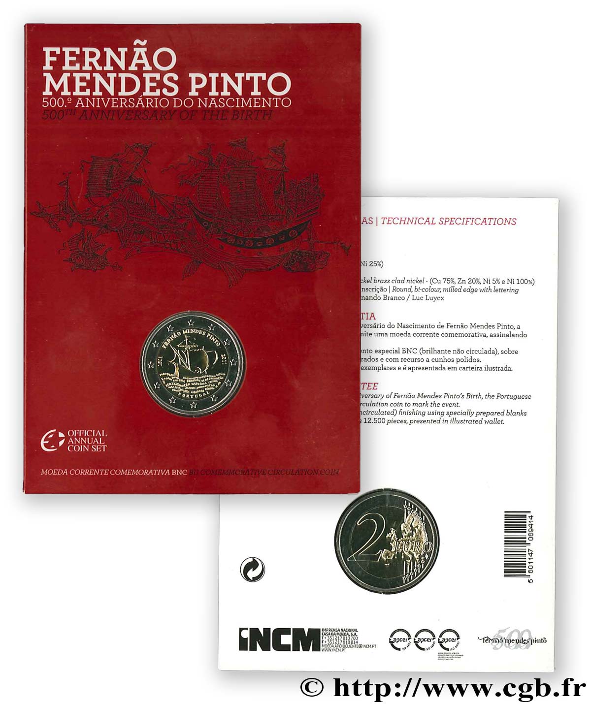 PORTUGAL Blister 2 Euro FERNAO MENDES PINTO 2011 Brilliant Uncirculated