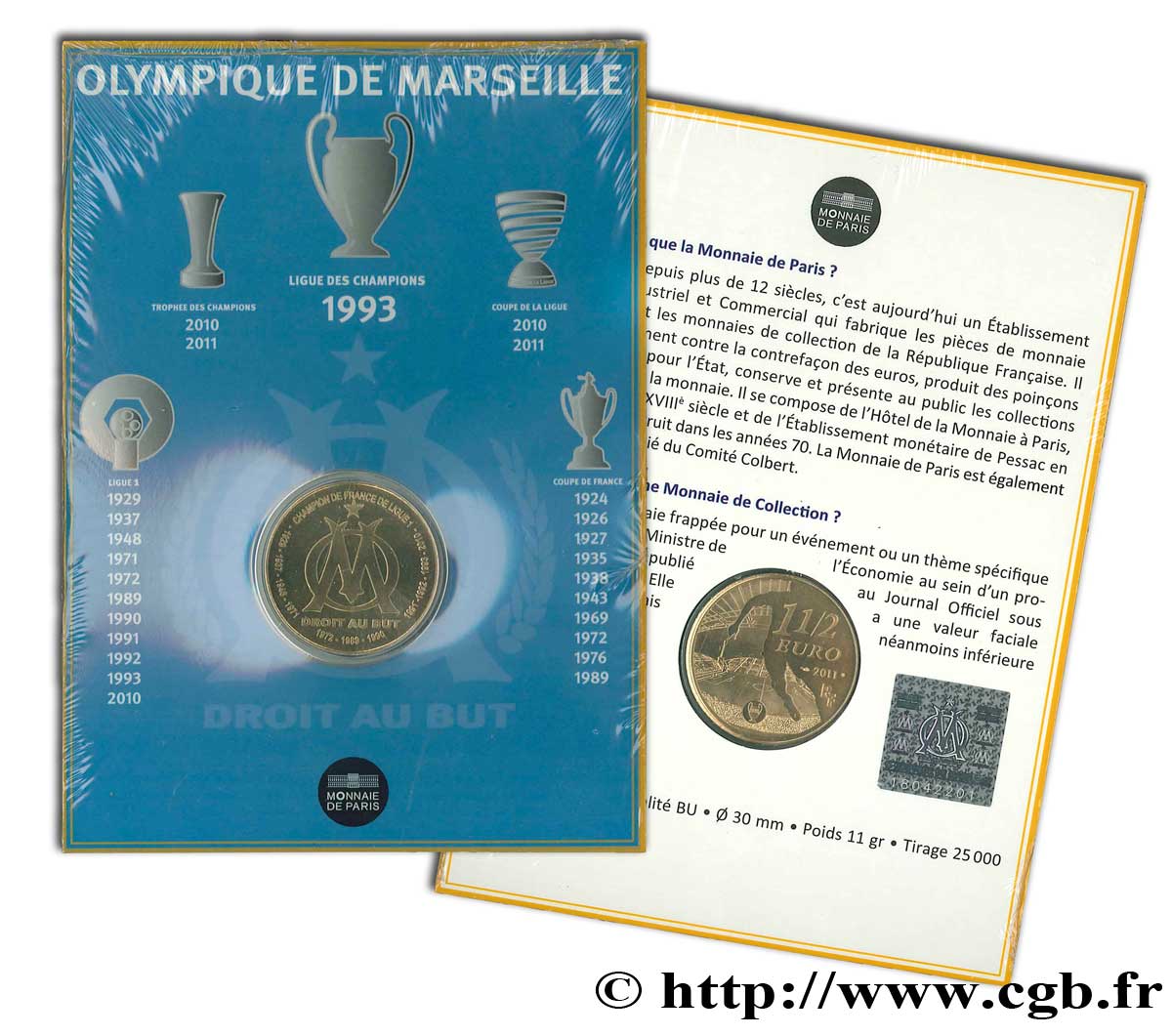 FRANCE Blister BU 1 Euro 1/2 OLYMPIQUE DE MARSEILLE 2011 Brilliant Uncirculated