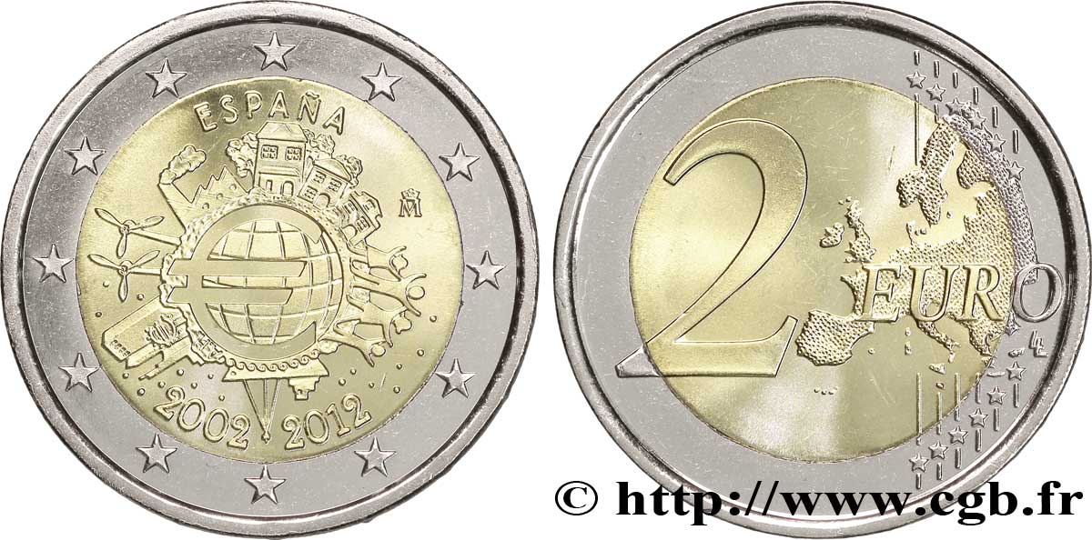 SPAGNA 2 Euro 10 ANS DES PIÈCES ET BILLETS EN EUROS tranche A 2012 MS63