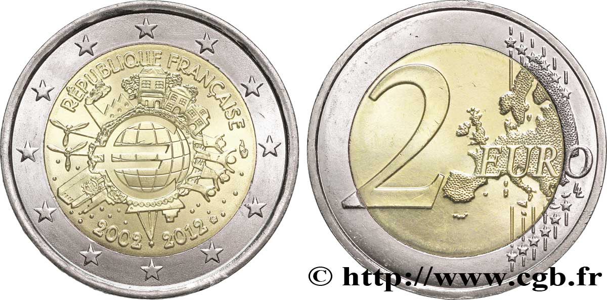 FRANCE 2 Euro 10 ANS DES PIÈCES ET BILLETS EN EUROS 2012 MS63