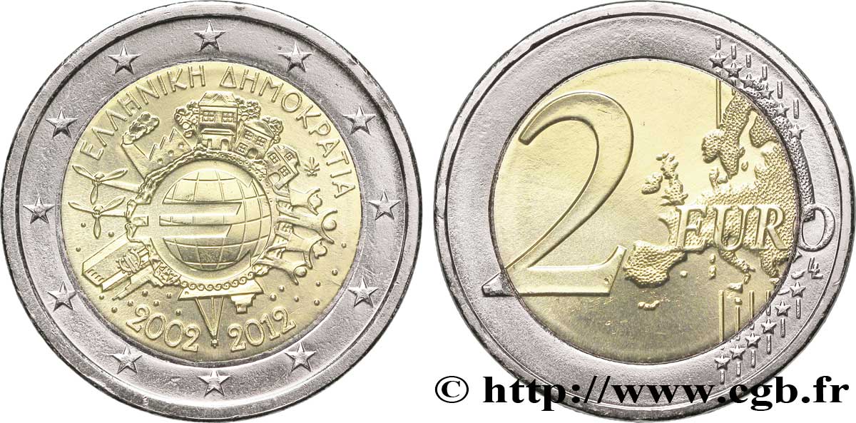 GRECIA 2 Euro 10 ANS DES PIÈCES ET BILLETS EN EUROS  2012 SC63