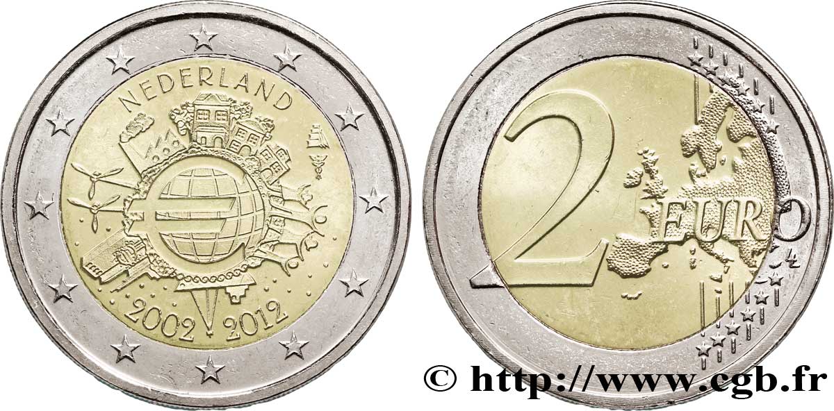 NIEDERLANDE 2 Euro 10 ANS DES PIÈCES ET BILLETS EN EUROS tranche B 2012