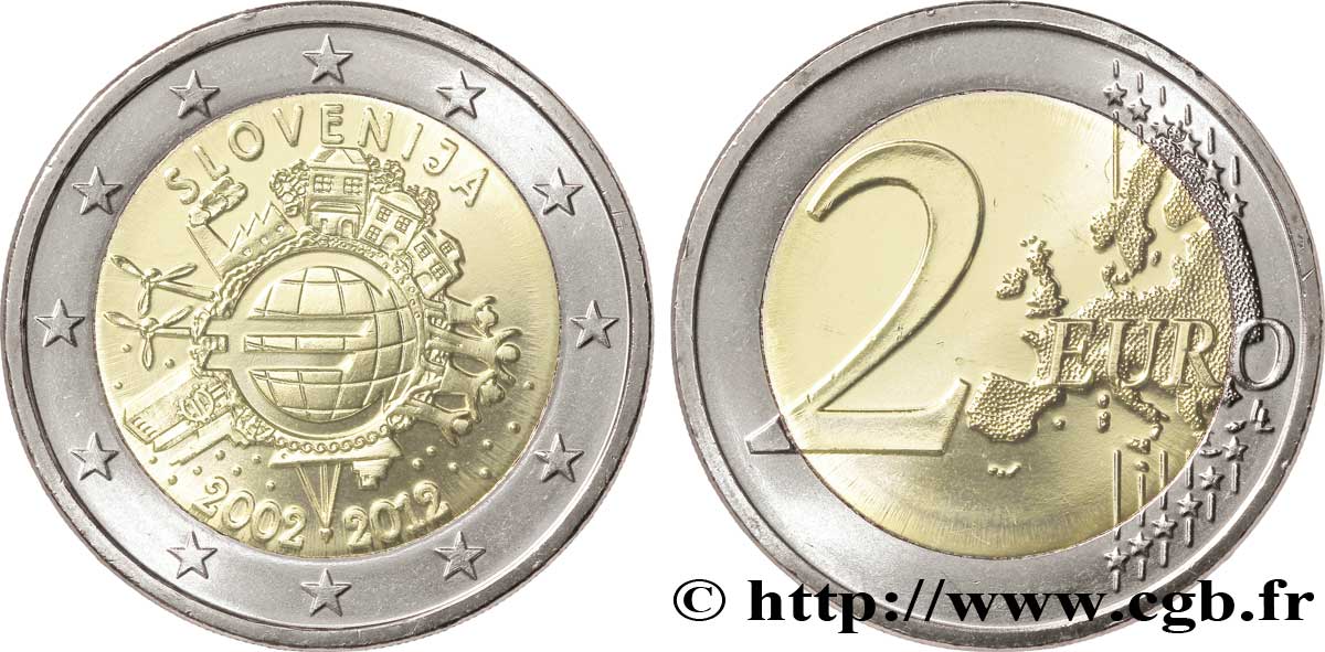 SLOVÉNIE 2 Euro 10 ANS DES PIÈCES ET BILLETS EN EUROS tranche A 2012 SPL63