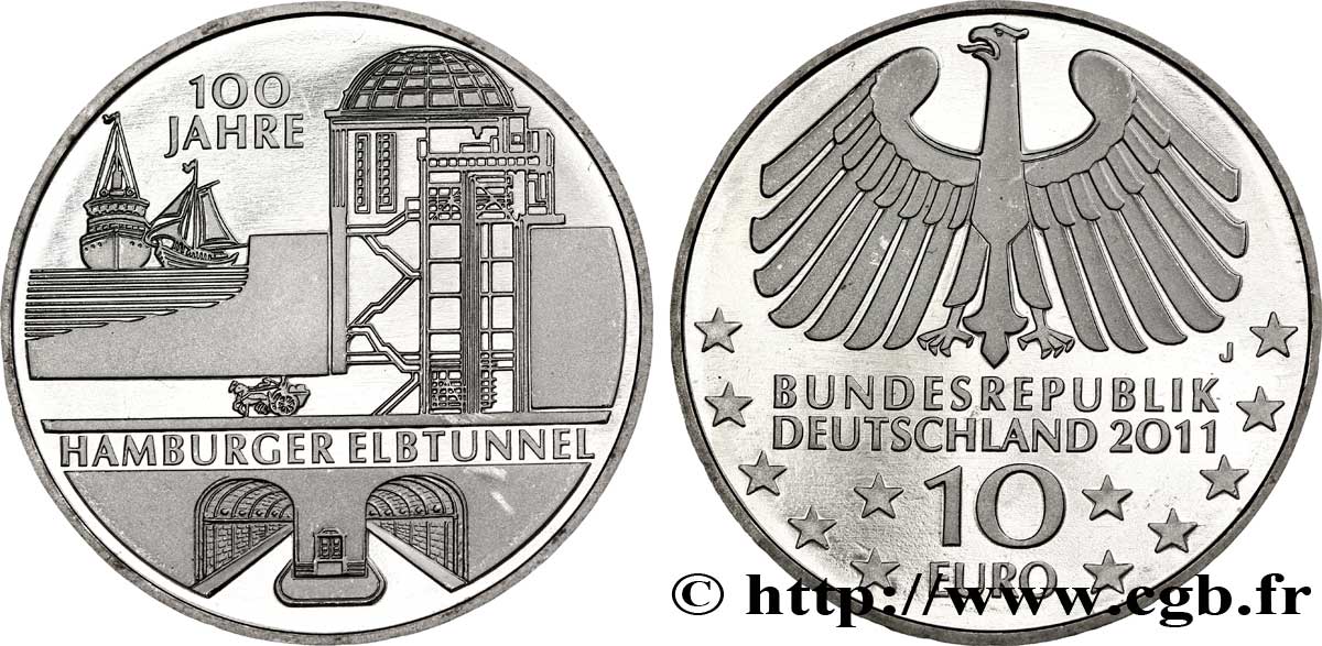 GERMANIA 10 Euro CENTENAIRE DU TUNNEL SOUS L’ELBE  À HAMBOURG tranche A 2011 MS64