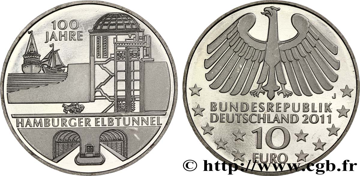GERMANIA 10 Euro CENTENAIRE DU TUNNEL SOUS L’ELBE  À HAMBOURG tranche B 2011 MS64