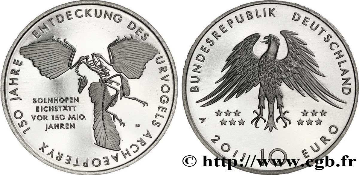 GERMANY 10 Euro 150 ANS DE LA DECOUVERTE DE L’ARCHAEOPTERYX tranche A 2011 MS