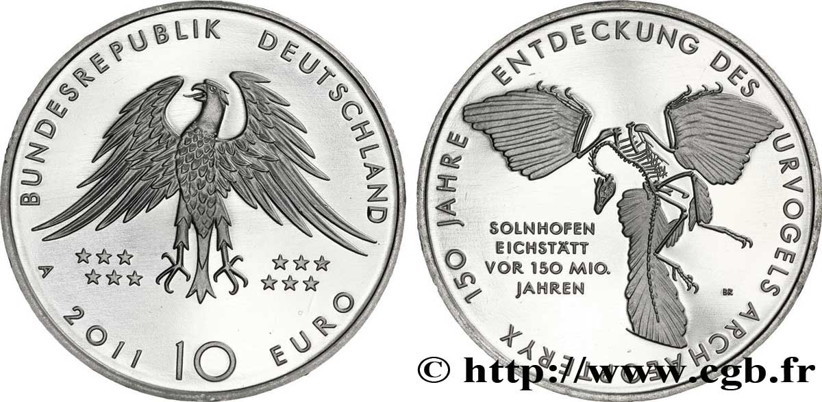 GERMANIA 10 Euro 150 ANS DE LA DECOUVERTE DE L’ARCHAEOPTERYX tranche B 2011 MS64