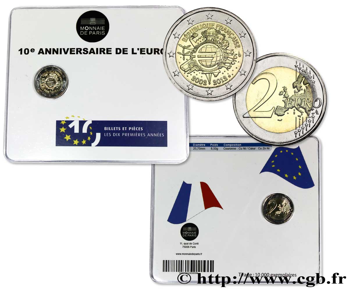 FRANCIA Coin-Card 2 Euro 10 ANS DES PIÈCES ET BILLETS EN EUROS 2012 BU