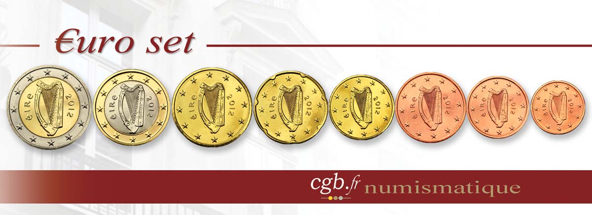 IRLANDA LOT DE 8 PIÈCES EURO (1 Cent - 2 Euro Harpe) 2012 MS