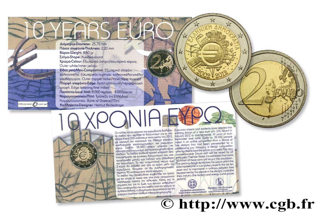 GRÈCE Coin-Card 2 Euro 10 ANS DES PIÈCES ET BILLETS EN EUROS 2012 BU