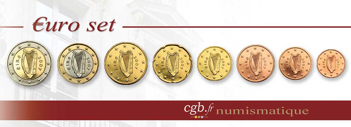 IRLANDA LOT DE 8 PIÈCES EURO (1 Cent - 2 Euro Harpe) 2007 MS