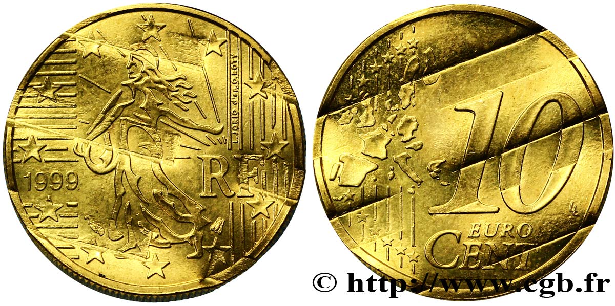 FRANCE 10 Cent Nouvelle Semeuse, premier type (stries fines), difformée 1999 SPL63