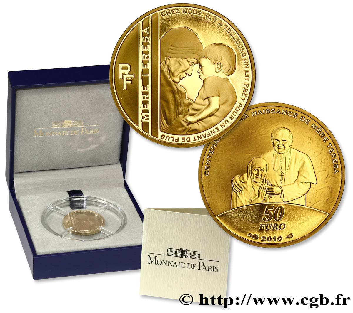 FRANCE Belle Épreuve 50 Euro MERE TERESA (or) 2010 Proof set