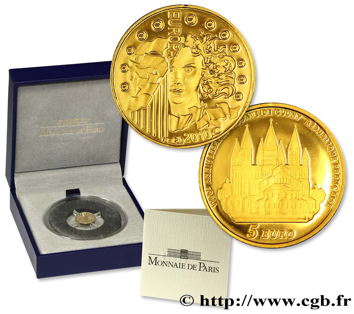 FRANCE Belle Épreuve 5 Euro EUROPA 2010 - 1100ème ANNIVERSAIRE DE L’ABBAYE DE CLUNY (or) 2010 BE