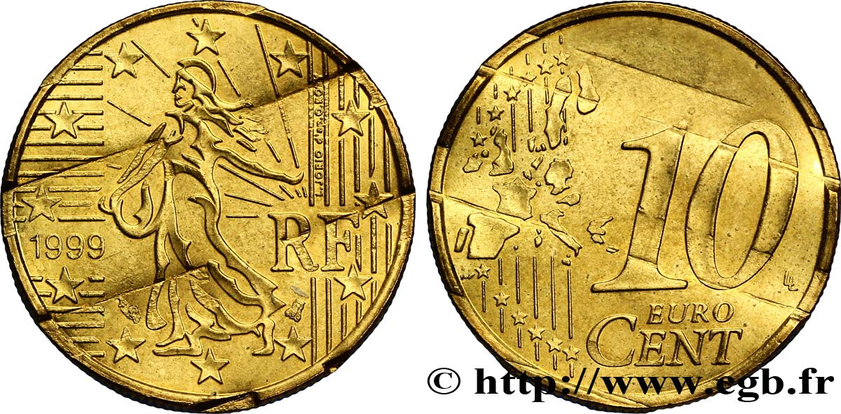 FRANCE 10 Cent Nouvelle Semeuse, premier type (stries fines), difformée 1999 MS