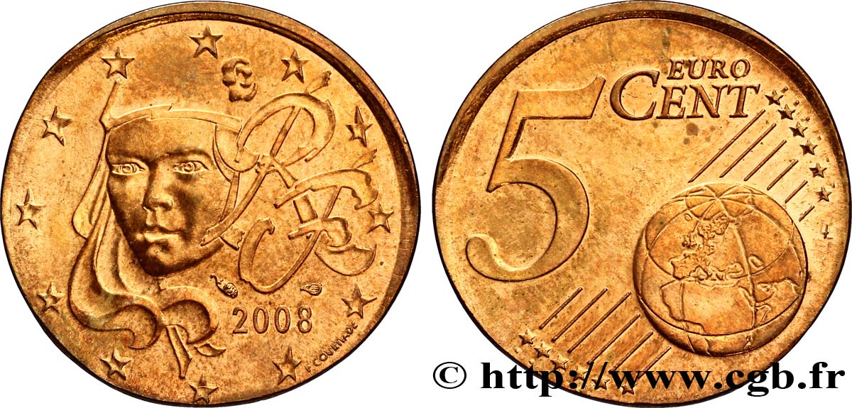 FRANCE 5 Cent Nouvelle Marianne frappée sur un flan de 2 Cent 2008 AU58