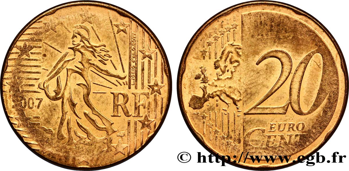 FRANCE 20 Cent Nouvelle Semeuse frappée sur un flan de 5 Cent magnétique 2007 SUP58