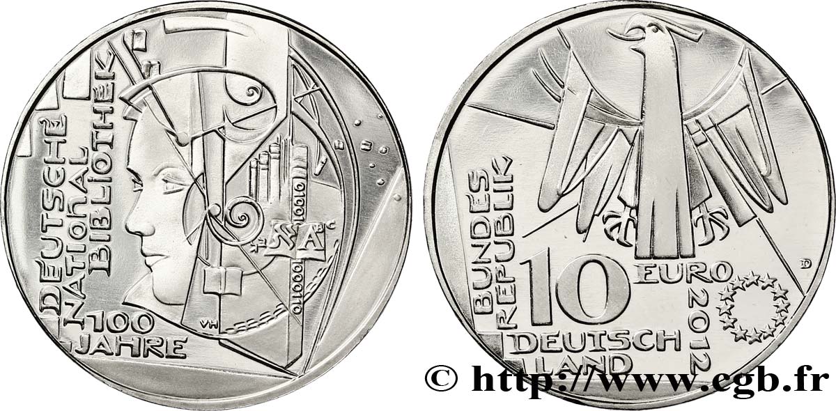 GERMANIA 10 Euro CENTENAIRE DE LA BIBLIOTHÈQUE NATIONALE ALLEMANDE tranche A 2012 MS64