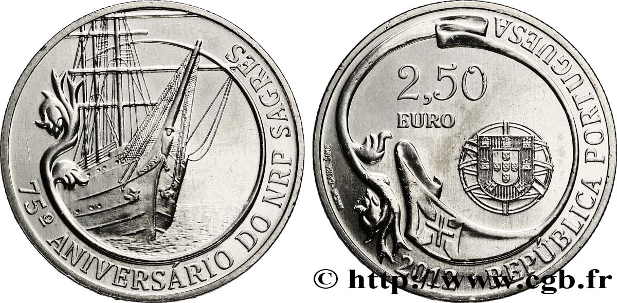 PORTUGAL 2 Euro 1/2 75e ANNIVERSAIRE DU NAVIRE-ÉCOLE SAGRES 2012 SC