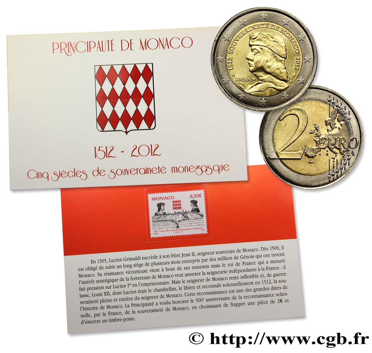 MONACO Encart 2 Euro et Timbre LUCIEN Ier - SOUVERAINETÉ DE MONACO 2012 SPL