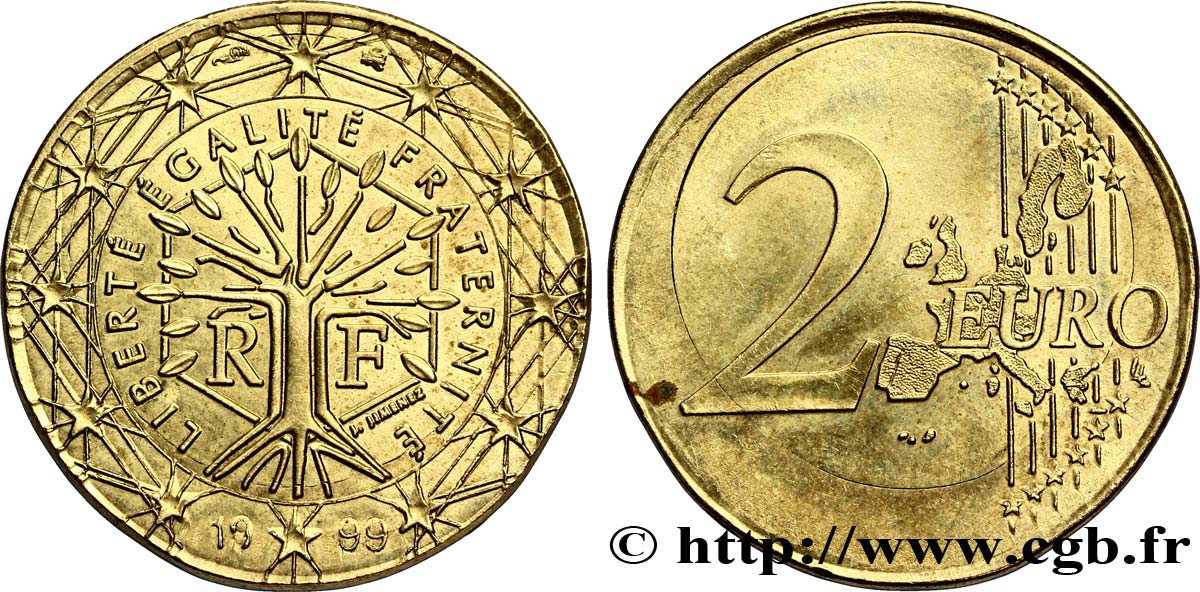FRANCE 2 Euro Arbre frappée sur un flan de 1 Euro 1999 MS63