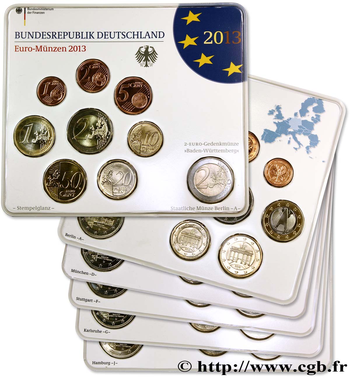 GERMANY Lot 5 SÉRIES Euro BRILLANT UNIVERSEL  - A, D, F, G et J 2013 Brilliant Uncirculated