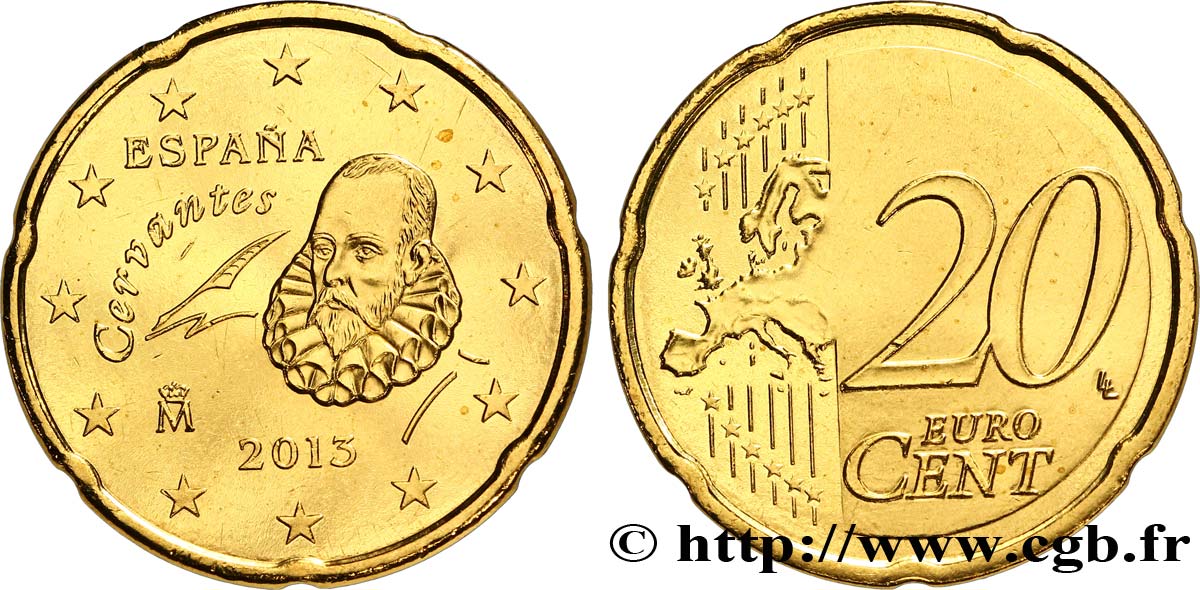 SPAIN 20 Cent CERVANTÈS 2013 MS63
