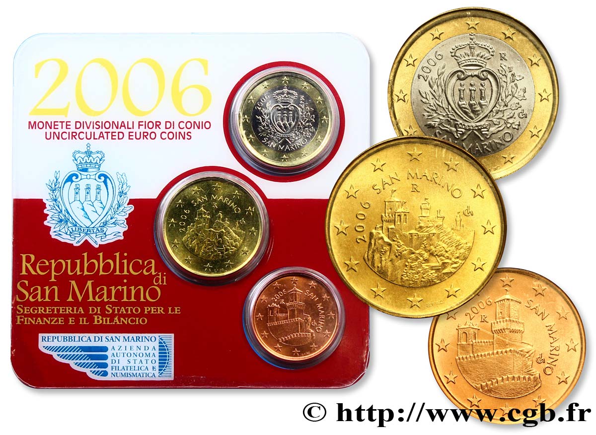 RÉPUBLIQUE DE SAINT- MARIN MINI-SÉRIE Euro BRILLANT UNIVERSEL 5 Cent, 50 Cent et 1 Euro 2006 BU