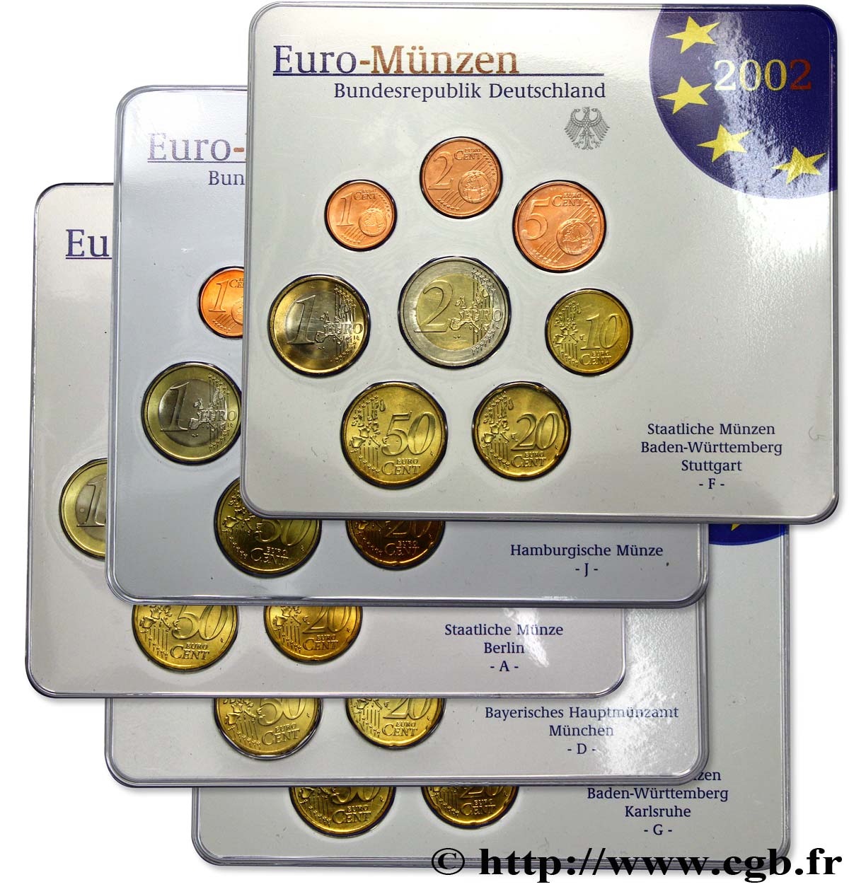 GERMANIA Lot 5 ateliers COFFRETS Euro BRILLANT UNIVERSEL (A, D, F, G, J) 2002 BU