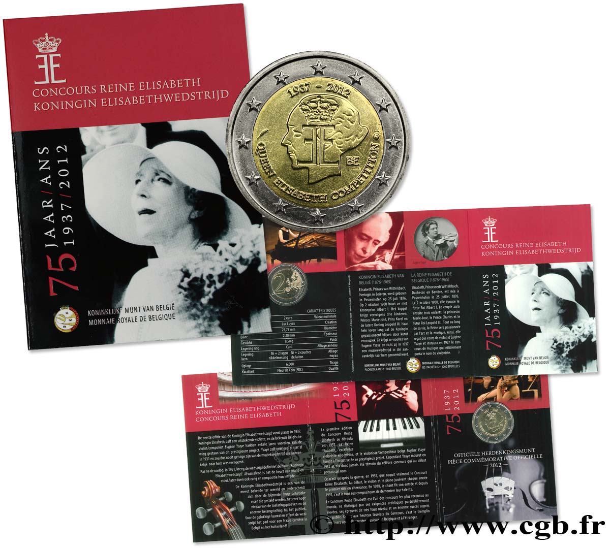 BELGIQUE Coin-Card 2 Euro 75ème ANNIVERSAIRE DU CONCOURS REINE ELISABETH 2012 FDC