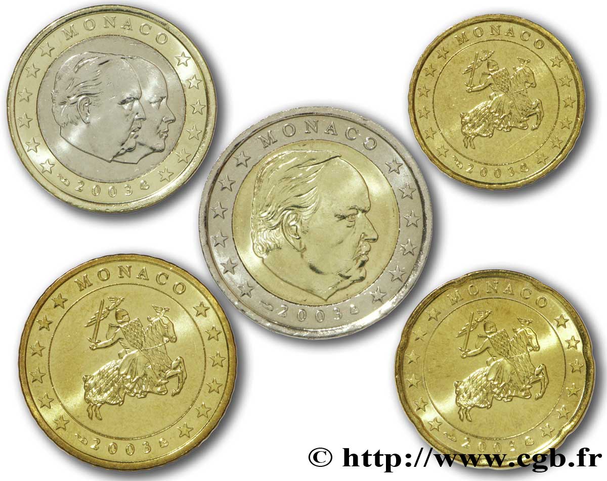 MONACO LOT DE 5 PIÈCES EURO (10 Cent à 2 Euro Prince Rainier III) 2003 SPL