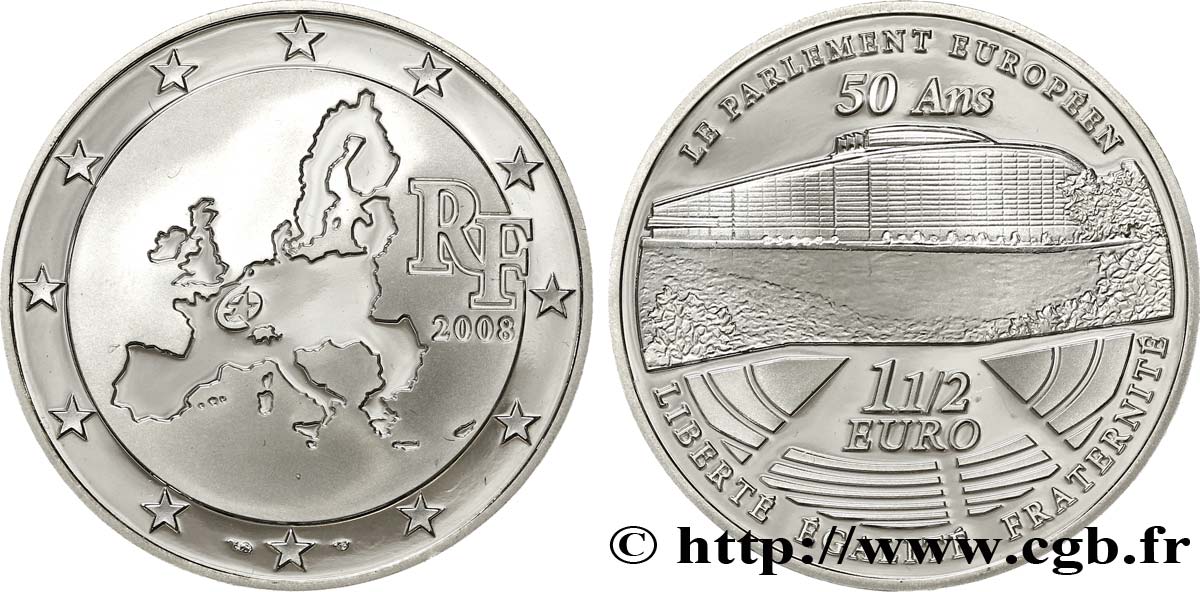 FRANCIA Belle Épreuve 1 Euro 1/2 EUROPEAN MINTMARK - 50 ANS DU PARLEMENT EUROPÉEN 2008 BE