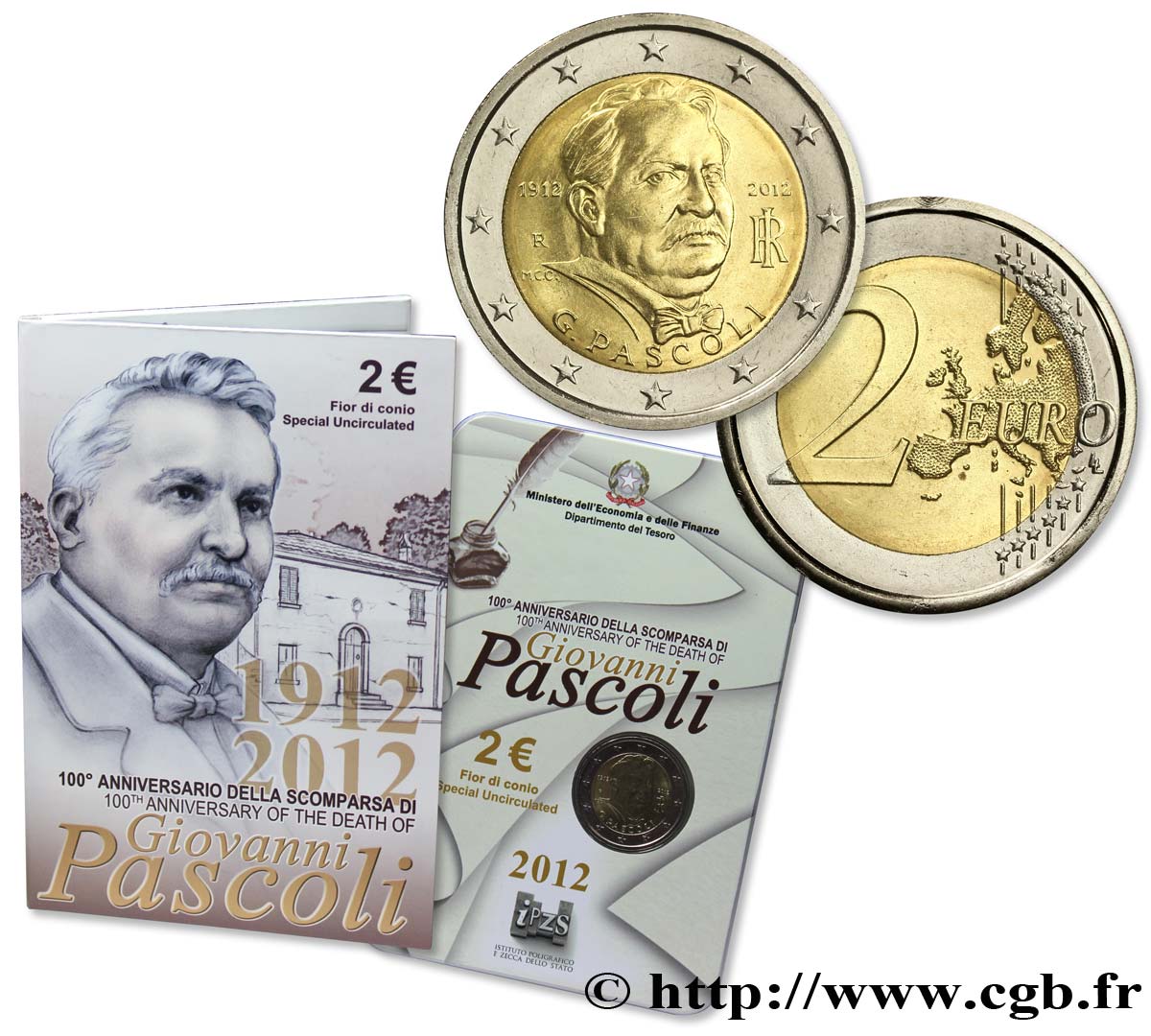 ITALY Blister 2 Euro GIOVANNI PASCOLI 2012 Brilliant Uncirculated